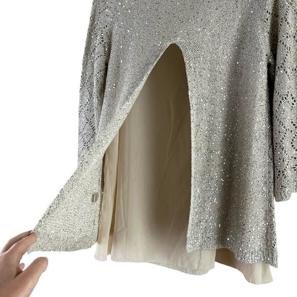 Boston Proper Sequin Embellished Open Knit Sweater Chiffon Lining in Cream, Sz M - Picture 9 of 11